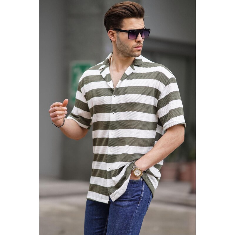 Madmext Khaki Striped Men's Short Sleeve Shirt 6730