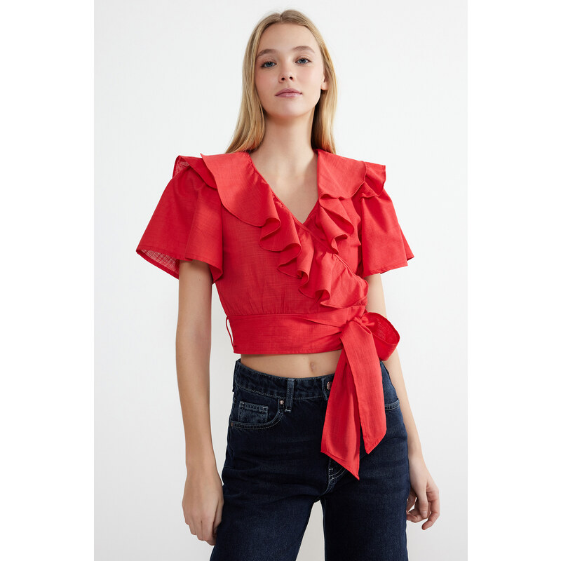 Trendyol Red Ruffle and Tie Detail Woven Blouse 115606420