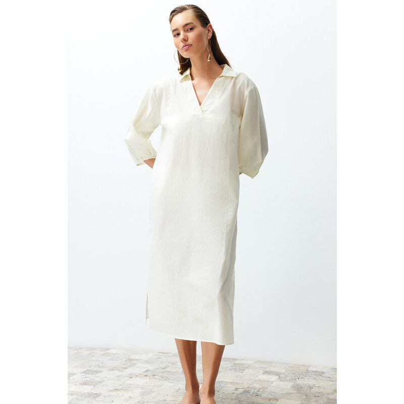 Trendyol Bridal Ecru Wide Fit Midi Woven Balloon Sleeve 100% Cotton Beach Dress