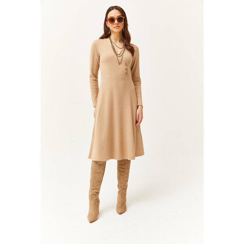 Olalook Women's Camel Button Detailed Double Breasted Midi Bell Dress