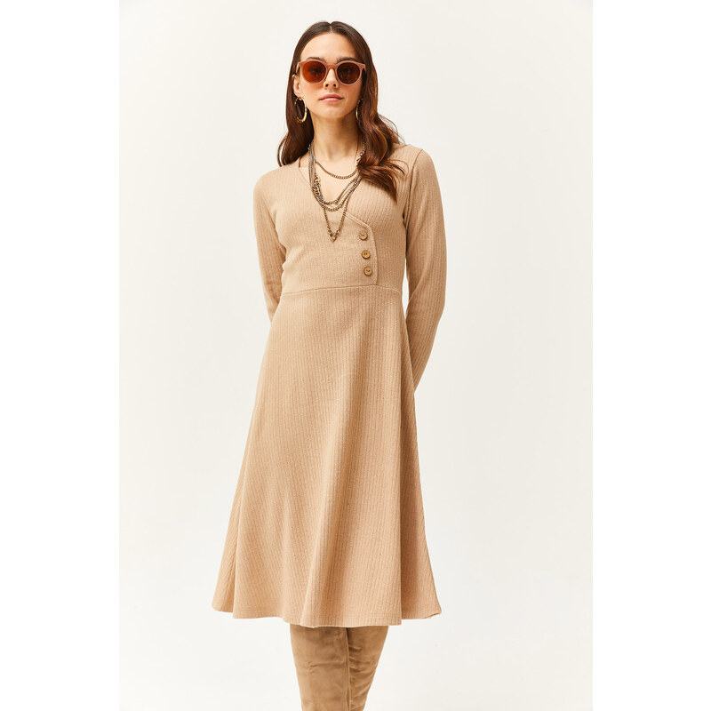 Olalook Women's Camel Button Detailed Double Breasted Midi Bell Dress