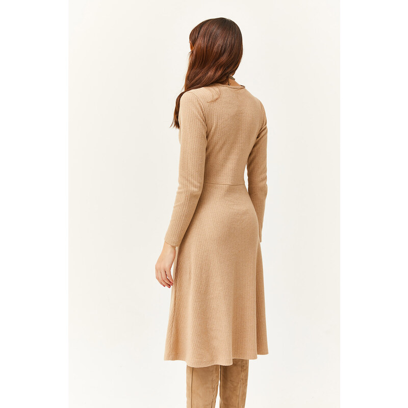 Olalook Women's Camel Button Detailed Double Breasted Midi Bell Dress