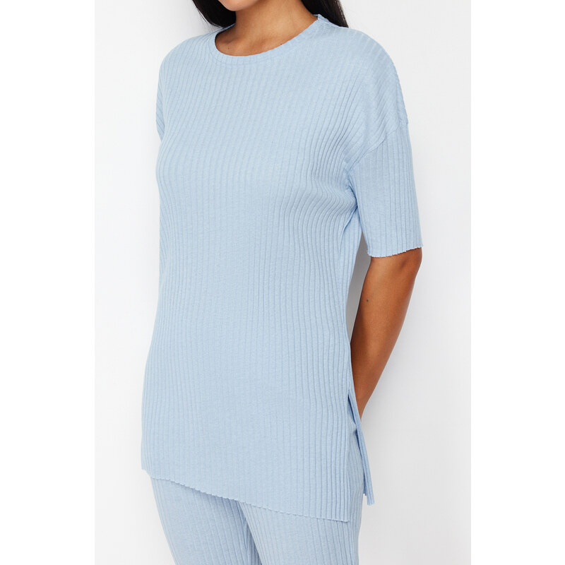 Trendyol Blue Cotton Ribbed Slit Detailed Knitted Pajamas Set