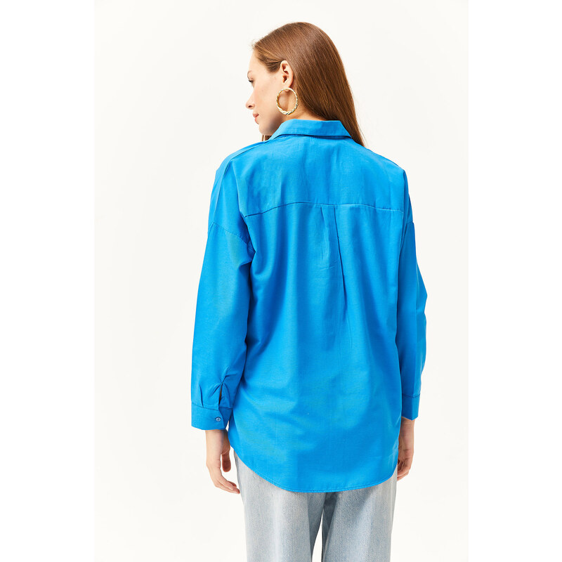 Olalook Women's Saxe Blue Sequin Detailed Woven Boyfriend Shirt