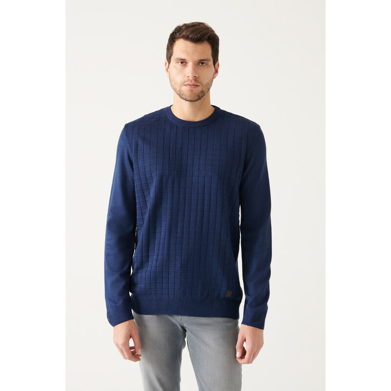 Avva Men's Dark Navy Blue Crew Neck Textured Regular Fit Knitwear Sweater