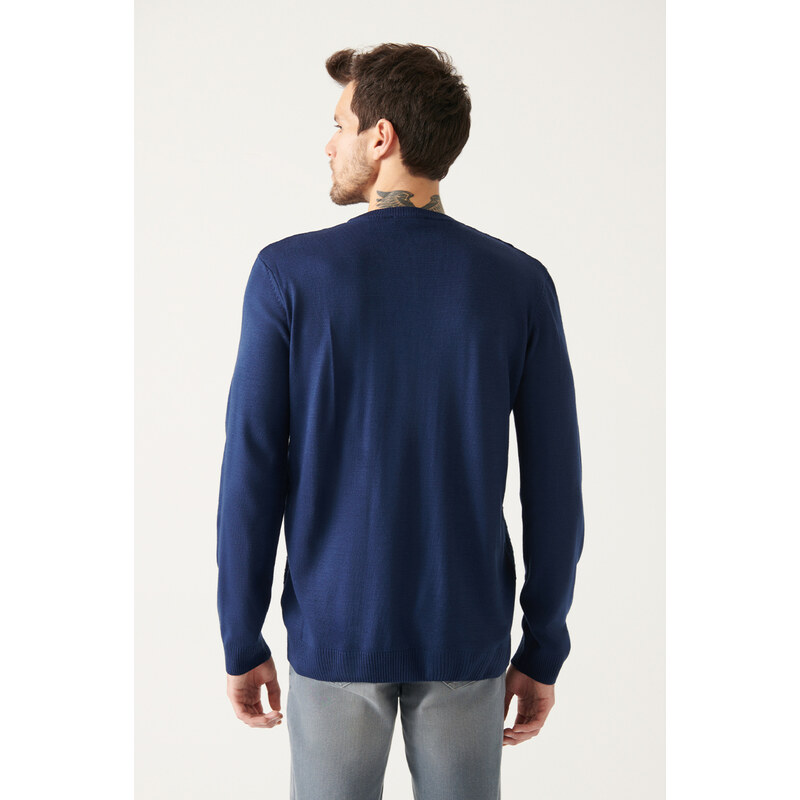 Avva Men's Dark Navy Blue Crew Neck Textured Regular Fit Knitwear Sweater