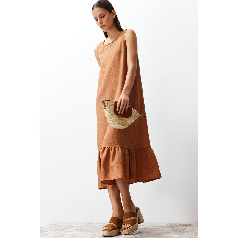 Trendyol Brown Crew Neck Midi Aerobin Woven Dress