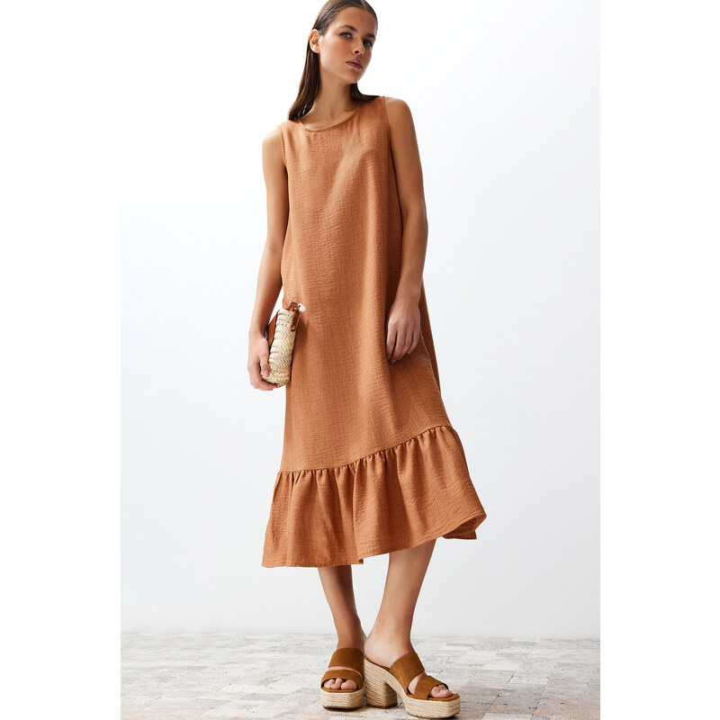 Trendyol Brown Crew Neck Midi Aerobin Woven Dress