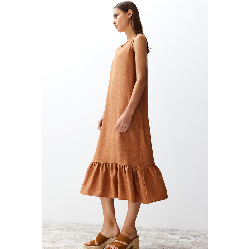 Trendyol Brown Crew Neck Midi Aerobin Woven Dress