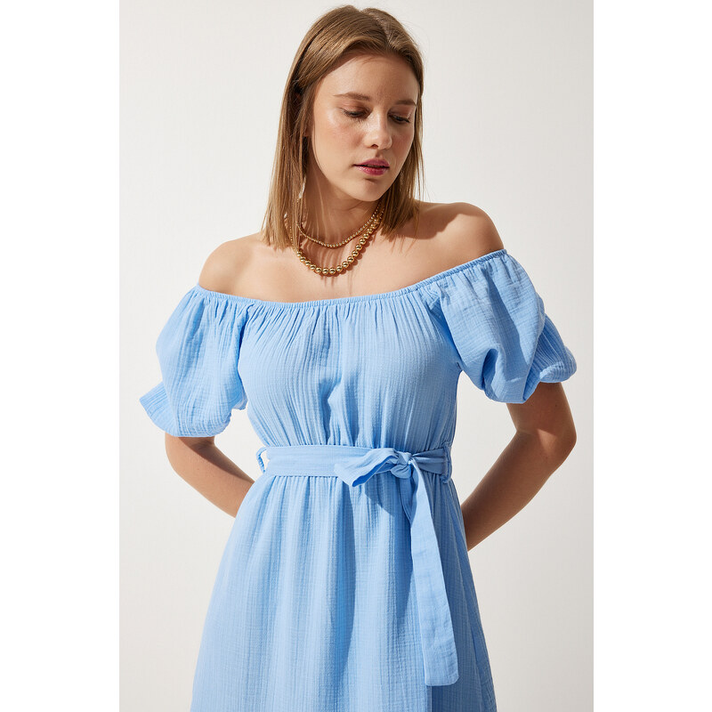 Happiness İstanbul Women's Sky Blue Carmen Collar Belted Summer Muslin Dress