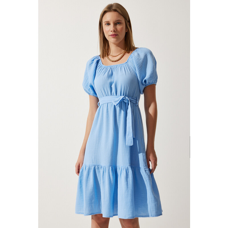 Happiness İstanbul Women's Sky Blue Carmen Collar Belted Summer Muslin Dress