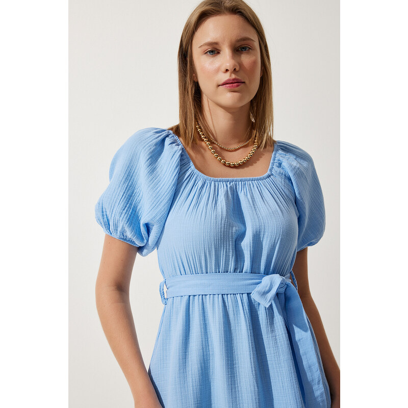 Happiness İstanbul Women's Sky Blue Carmen Collar Belted Summer Muslin Dress