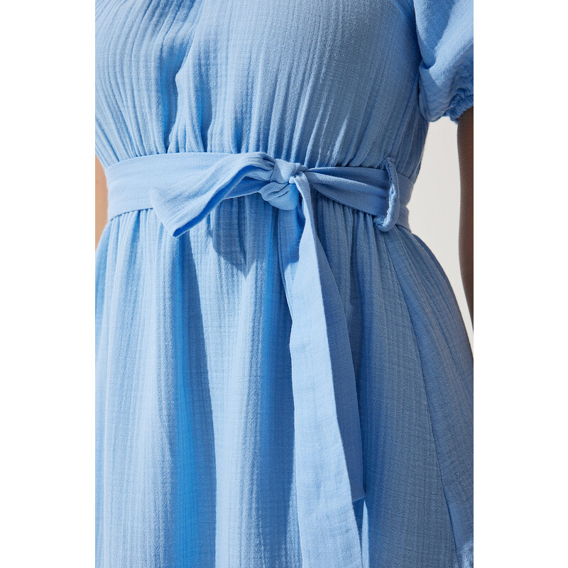 Happiness İstanbul Women's Sky Blue Carmen Collar Belted Summer Muslin Dress