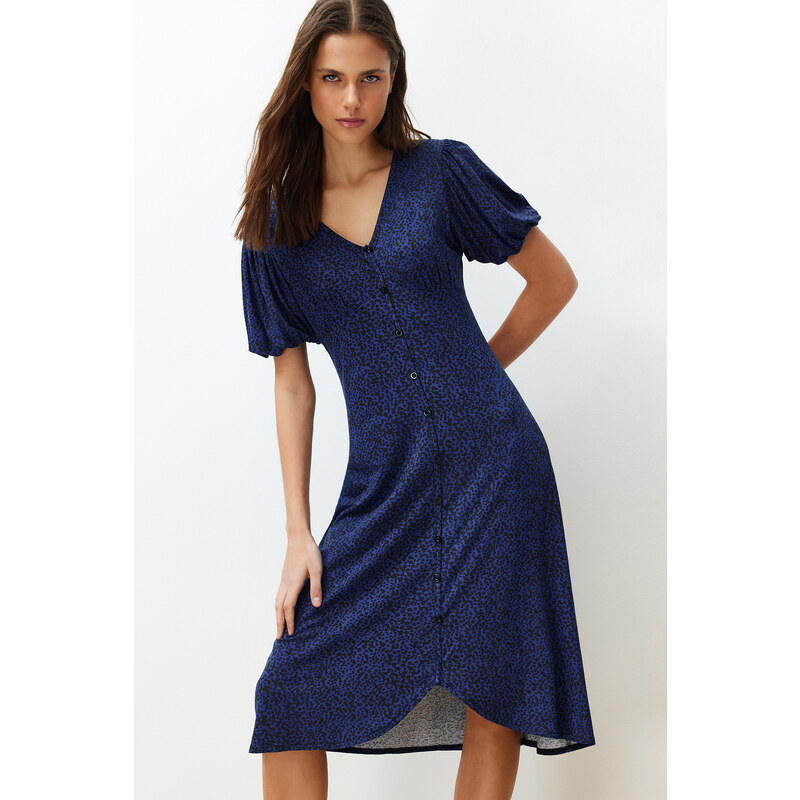 Trendyol Navy Blue Balloon Sleeve Printed Midi Stretchy Knitted Midi Dress