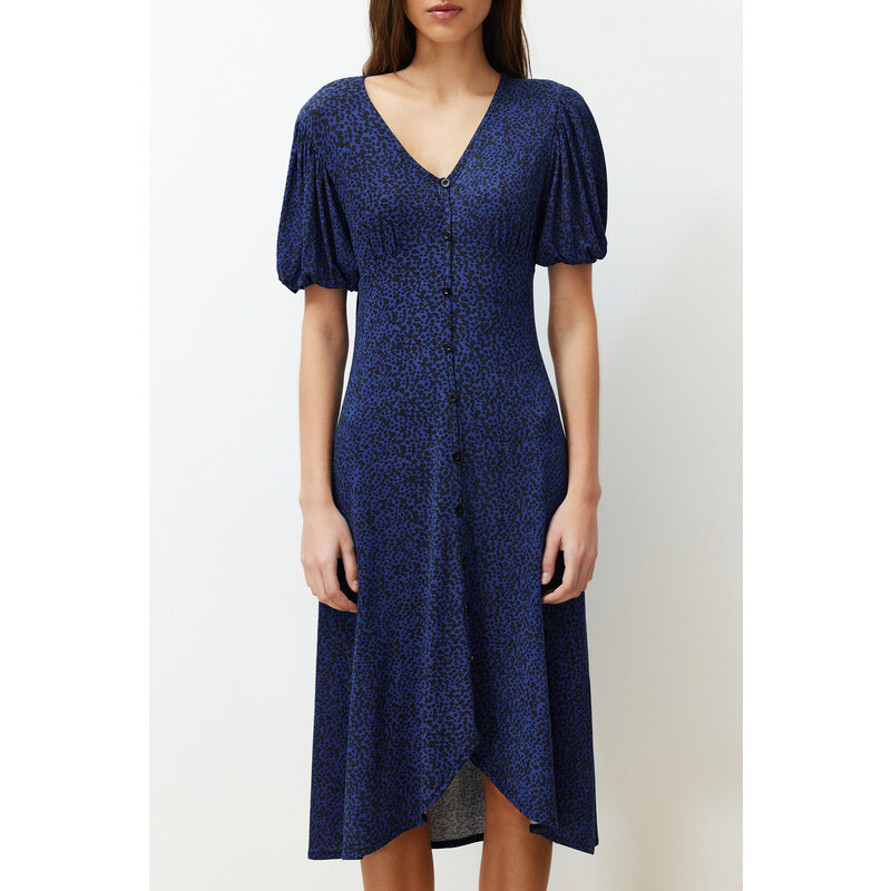 Trendyol Navy Blue Balloon Sleeve Printed Midi Stretchy Knitted Midi Dress