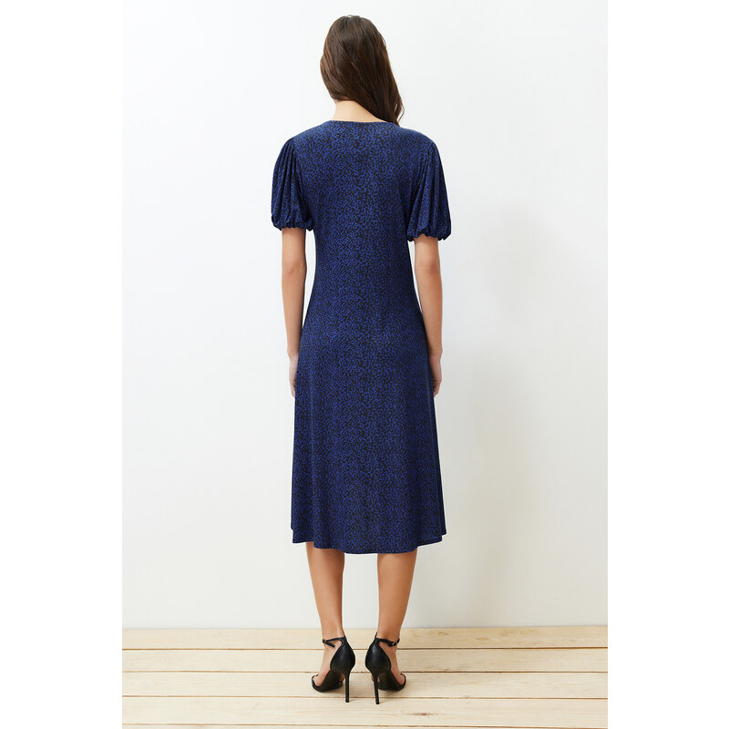 Trendyol Navy Blue Balloon Sleeve Printed Midi Stretchy Knitted Midi Dress