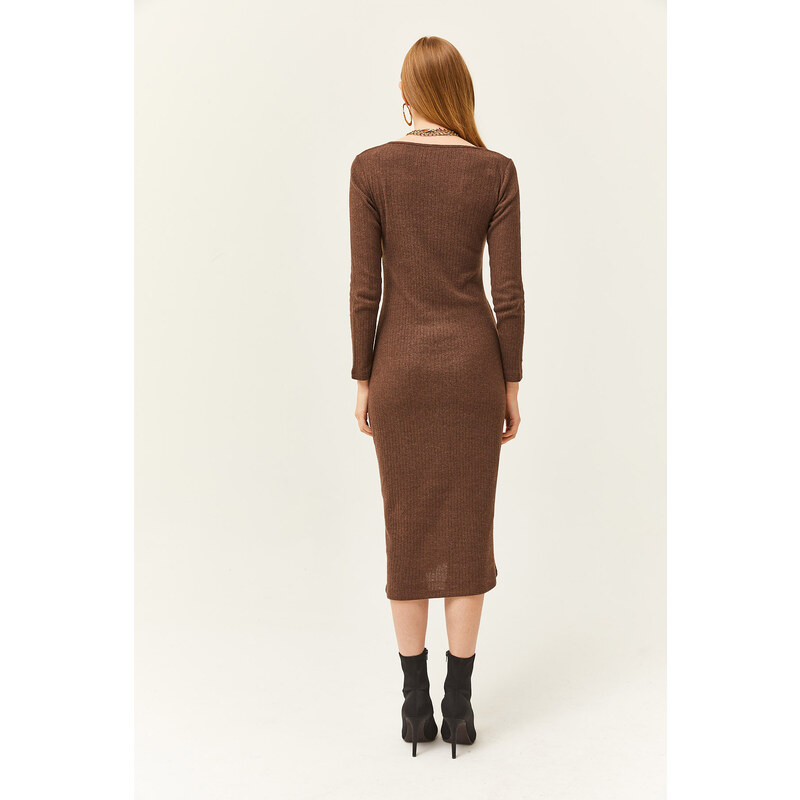 Olalook Women's Brown Pool Collar Thick Ribbed Midi Dress