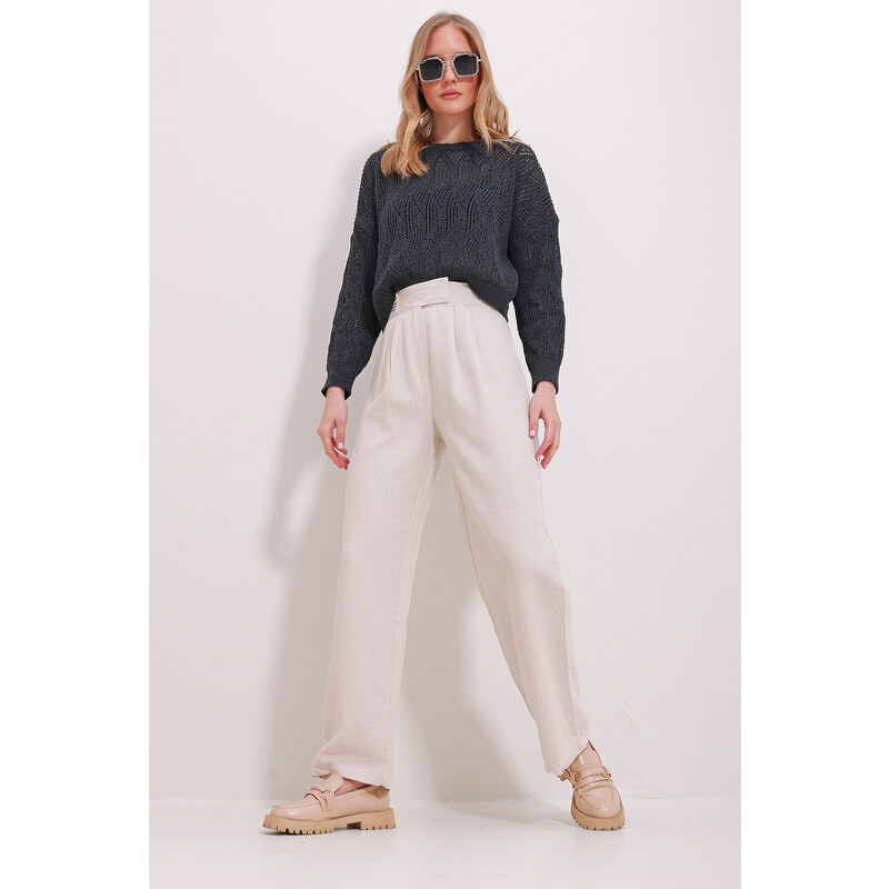 Trend Alaçatı Stili Women's Light Beige Turn-On Palazzo Trousers