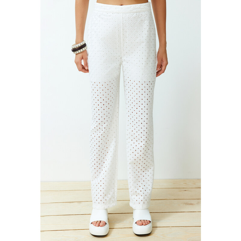 Trendyol Ecru Brode Straight Woven Trousers