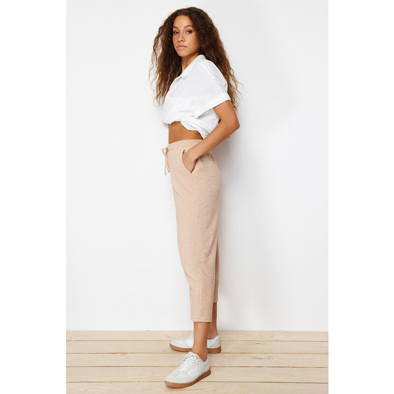 Trendyol Beige Textured Crispy Carrot/Shalwar Cut Knitted Trousers