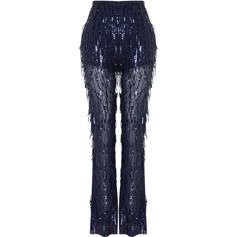 Trendyol Navy Blue Wide Leg Sequined Knitted Trousers