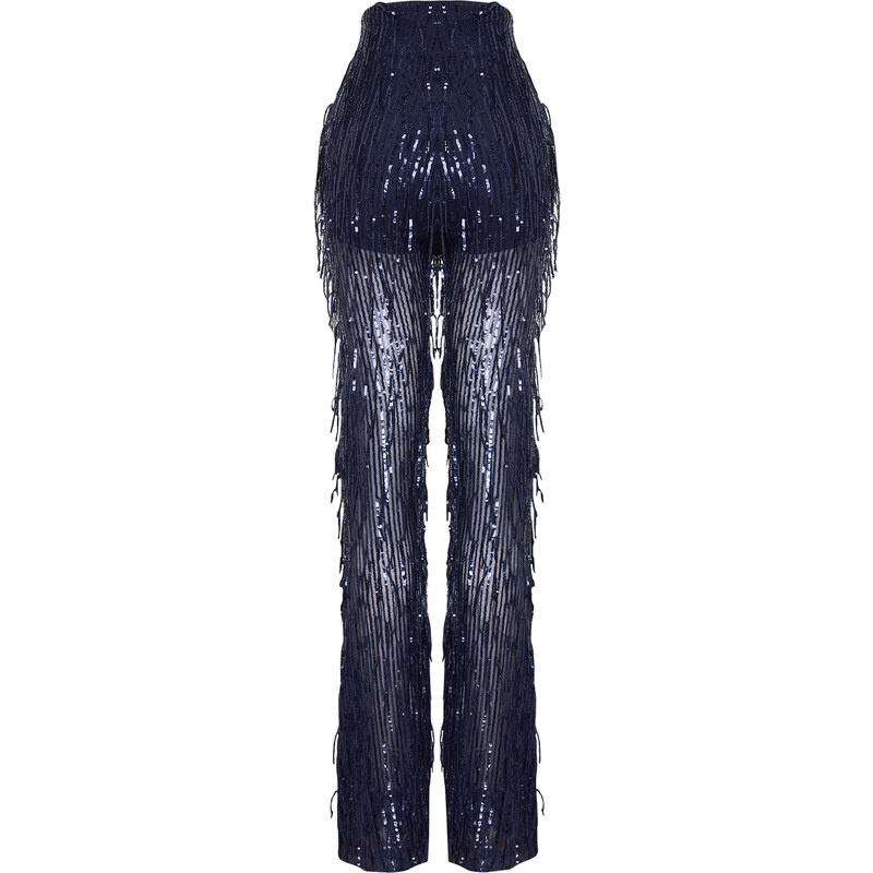 Trendyol Navy Blue Wide Leg Sequined Knitted Trousers