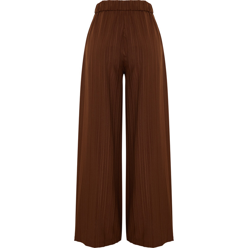 Trendyol Pleat Detail Wide Leg Dark Brown Textured Fabric Woven Trousers