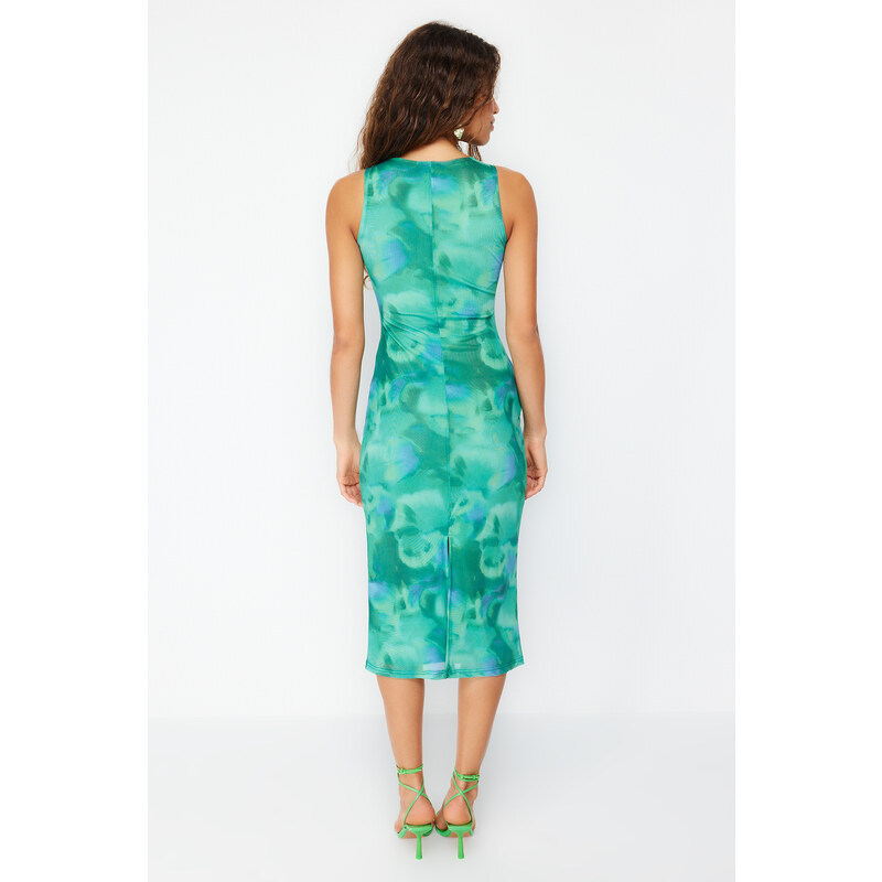 Trendyol Green Patterned Fitted/Sticky Tulle Stretchy Maxi Knitted Maxi Dress