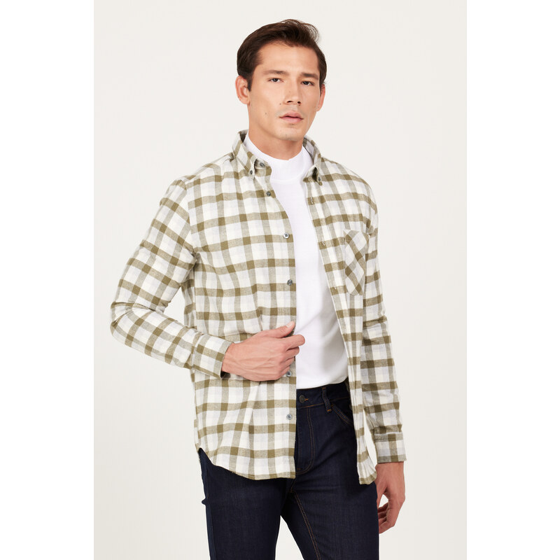 AC&Co / Altınyıldız Classics Men's Khaki-gray Slim Fit Slim Fit Button Collar Warm Checked Winter Flannel Lumberjack Shirt