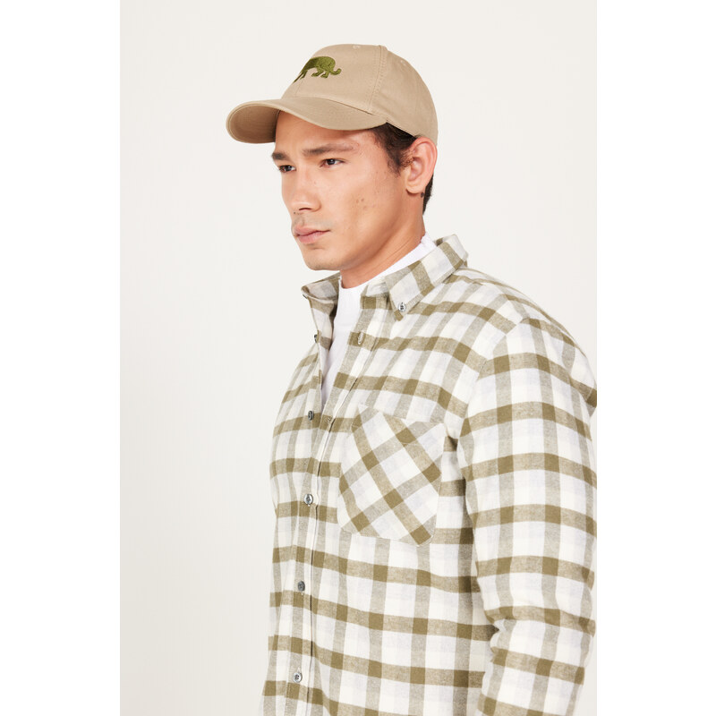 AC&Co / Altınyıldız Classics Men's Khaki-gray Slim Fit Slim Fit Button Collar Warm Checked Winter Flannel Lumberjack Shirt