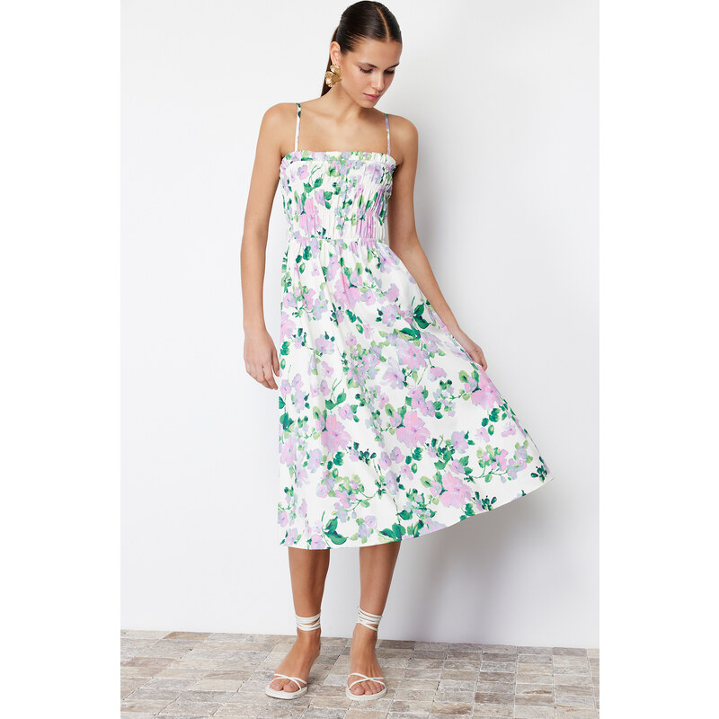 Trendyol Multicolored Floral Waist Opening Rubber Detailed Strappy Maxi Woven Dress