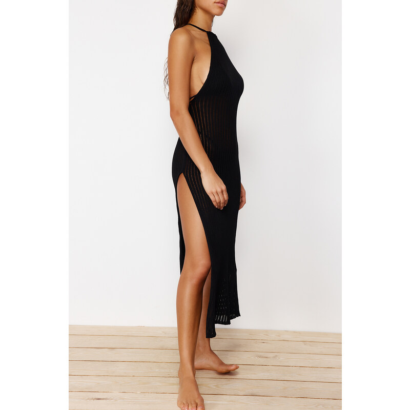 Trendyol Black Fitted Maxi Knitted Decollete Decollete Knit Effect Beach Dress