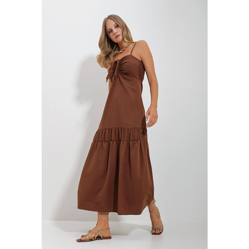 Trend Alaçatı Stili Women's Brown Adjustable Straps Front Gathered Back Zippered Gabardine Linen Dress