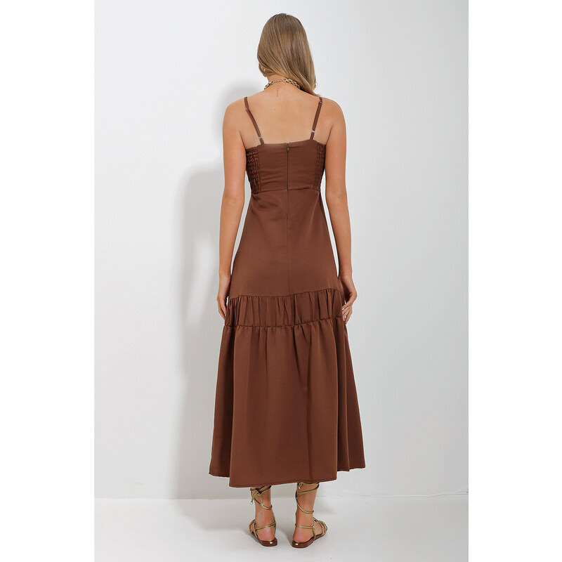 Trend Alaçatı Stili Women's Brown Adjustable Straps Front Gathered Back Zippered Gabardine Linen Dress