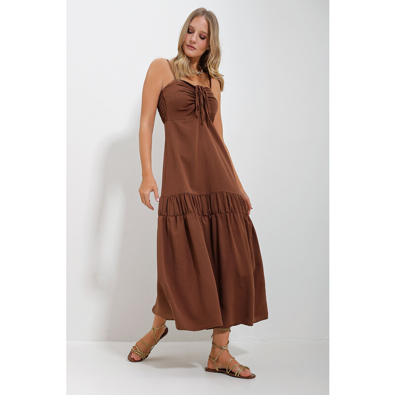 Trend Alaçatı Stili Women's Brown Adjustable Straps Front Gathered Back Zippered Gabardine Linen Dress