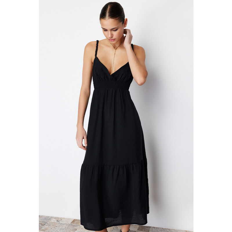 Trendyol Black Waist Opening Strap Midi Woven Dress