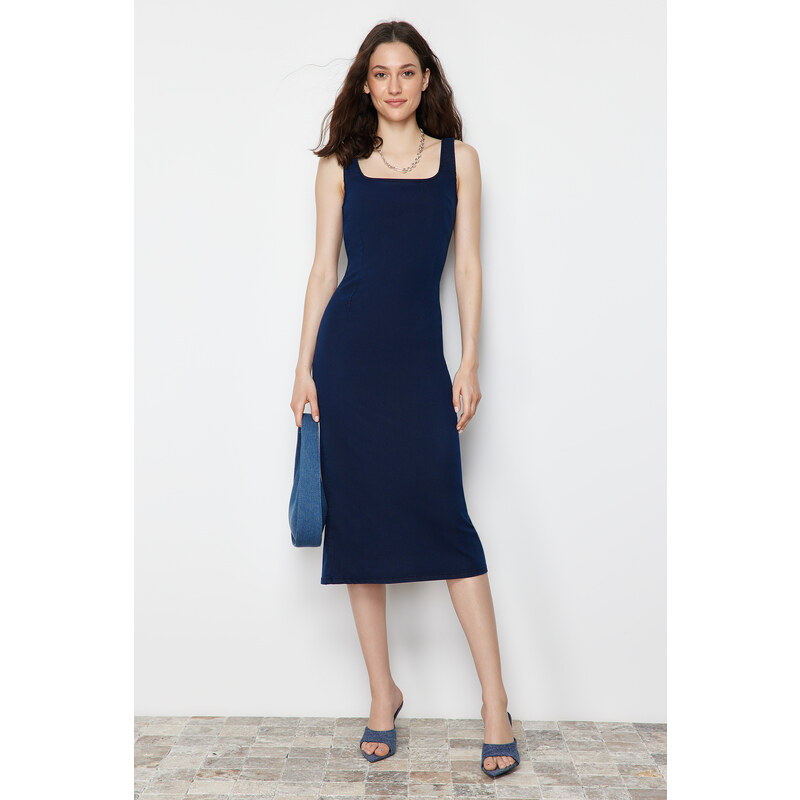 Trendyol Dark Blue Stitching Detailed Denim Midi Dress