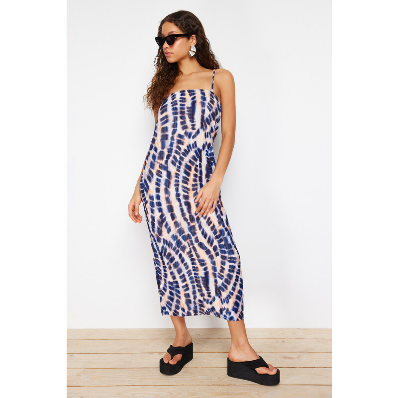 Trendyol Blue Abstract Printed Fitted/Sleeping Square Neck Strap Knitted Maxi Dress