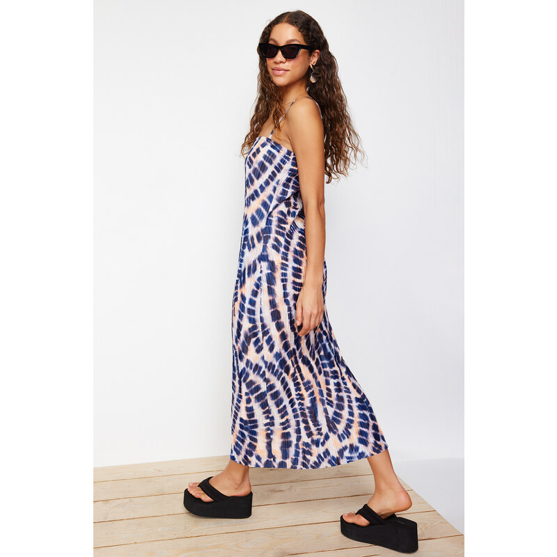 Trendyol Blue Abstract Printed Fitted/Sleeping Square Neck Strap Knitted Maxi Dress