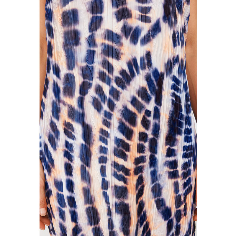 Trendyol Blue Abstract Printed Fitted/Sleeping Square Neck Strap Knitted Maxi Dress