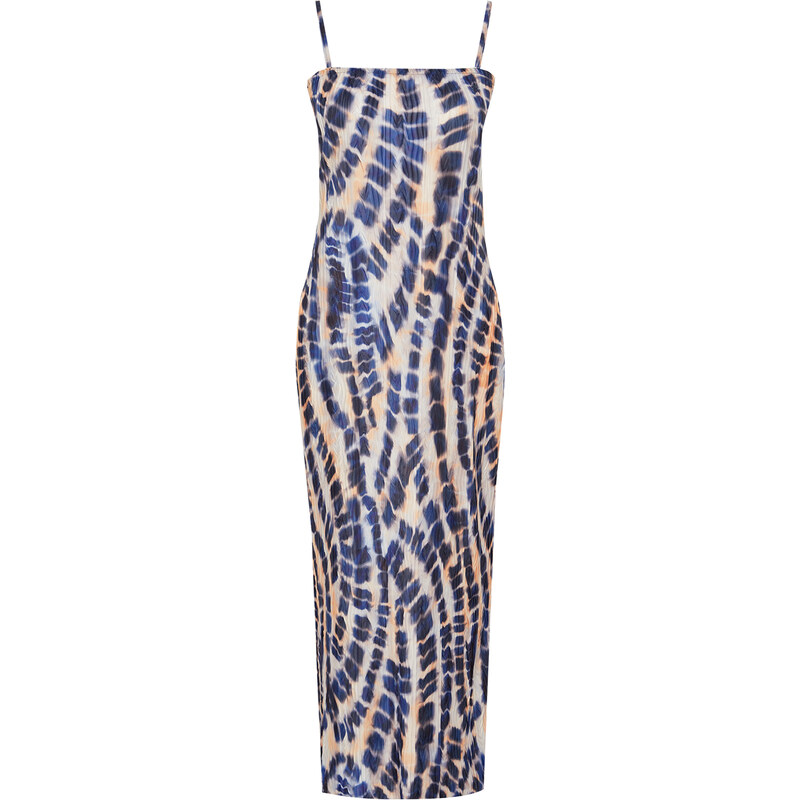Trendyol Blue Abstract Printed Fitted/Sleeping Square Neck Strap Knitted Maxi Dress