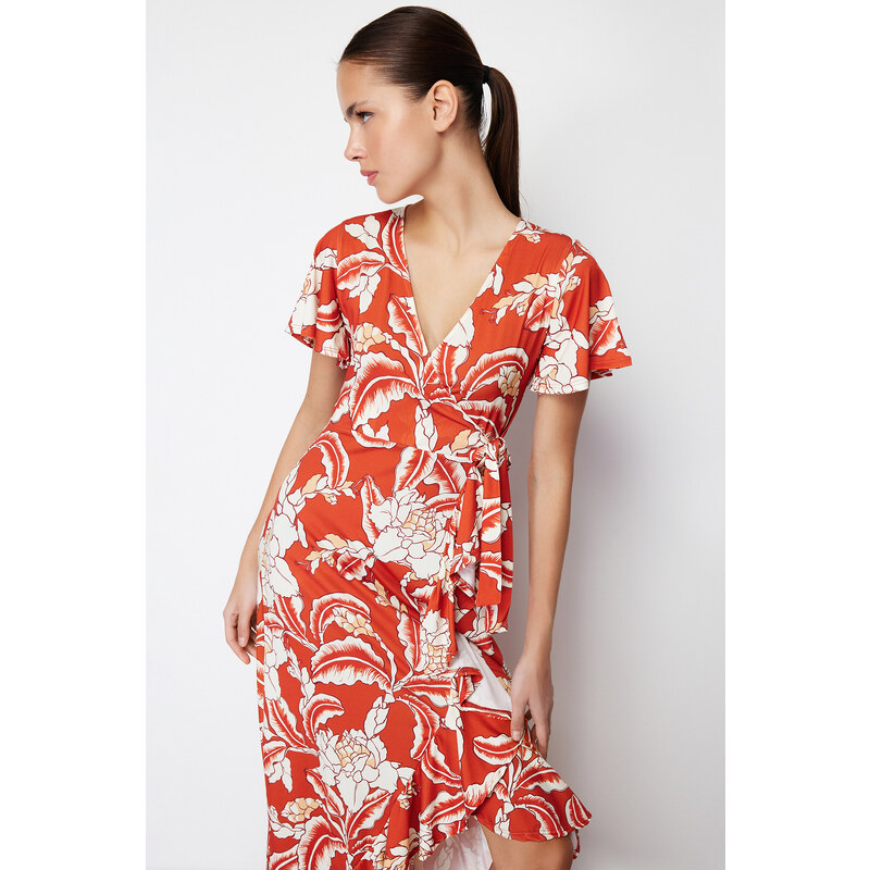 Trendyol Tile Floral Printed Wrapped Belted Ruffled Short Sleeve Stretchy Knitted Midi Dress