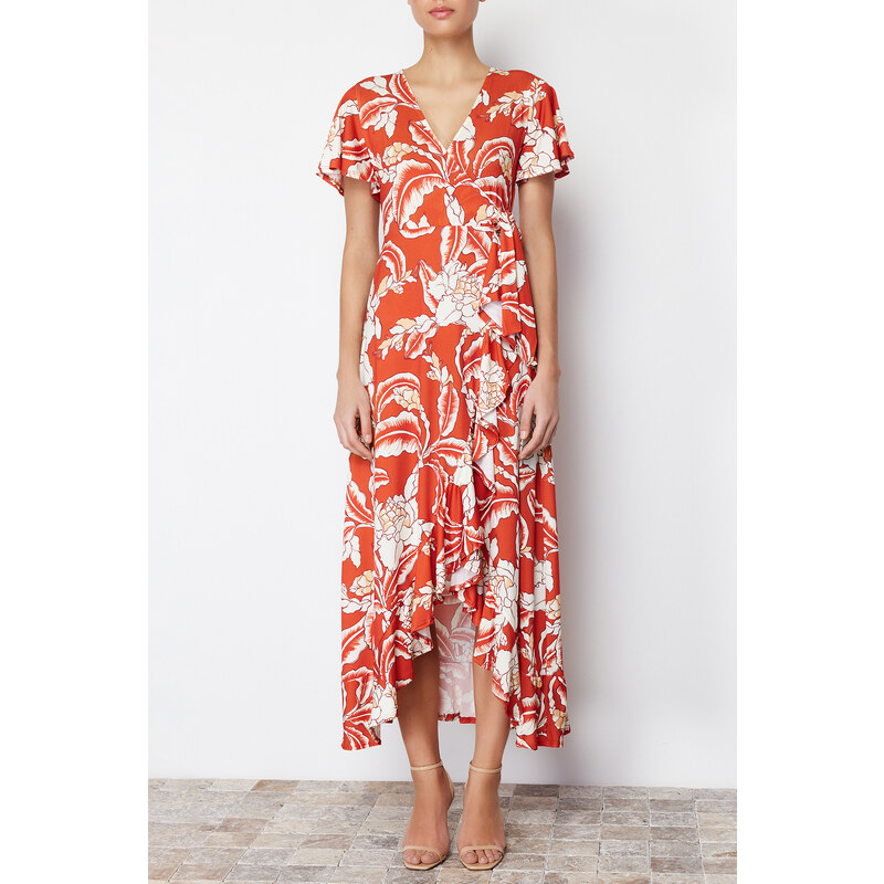 Trendyol Tile Floral Printed Wrapped Belted Ruffled Short Sleeve Stretchy Knitted Midi Dress