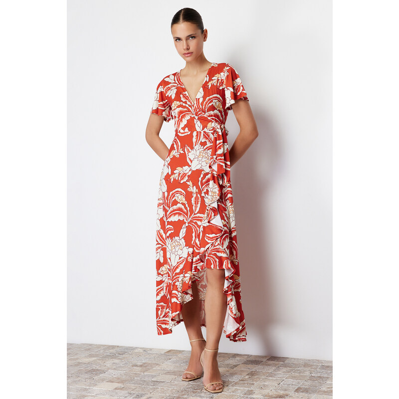 Trendyol Tile Floral Printed Wrapped Belted Ruffled Short Sleeve Stretchy Knitted Midi Dress