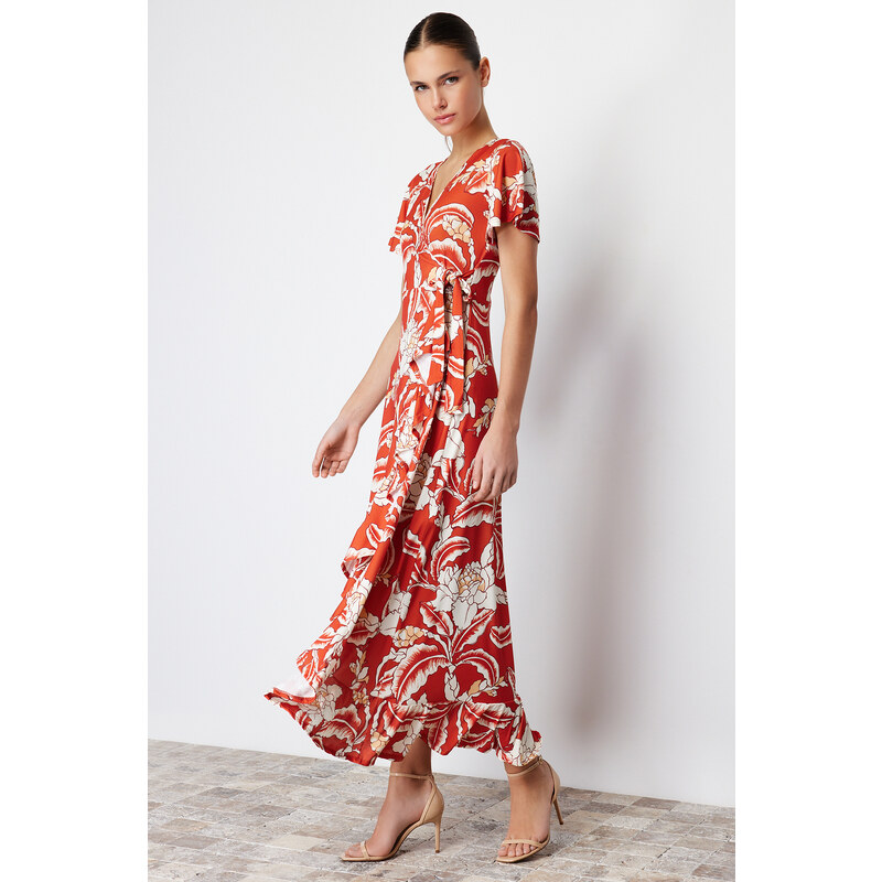 Trendyol Tile Floral Printed Wrapped Belted Ruffled Short Sleeve Stretchy Knitted Midi Dress