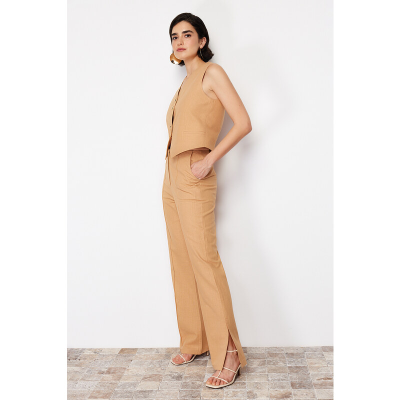 Trendyol Camel Premium Straight Linen Woven Trousers