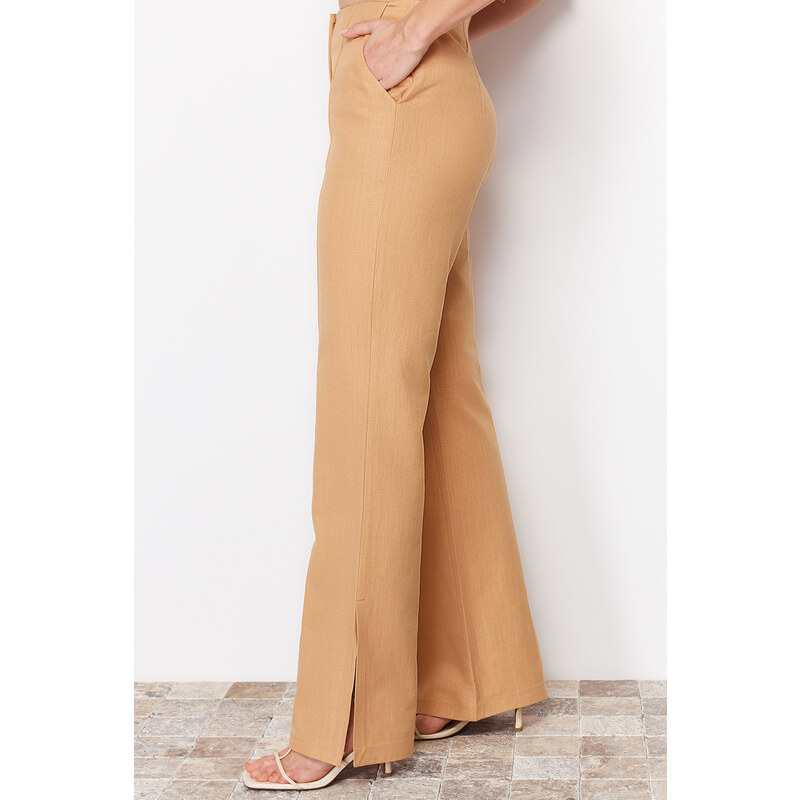 Trendyol Camel Premium Straight Linen Woven Trousers