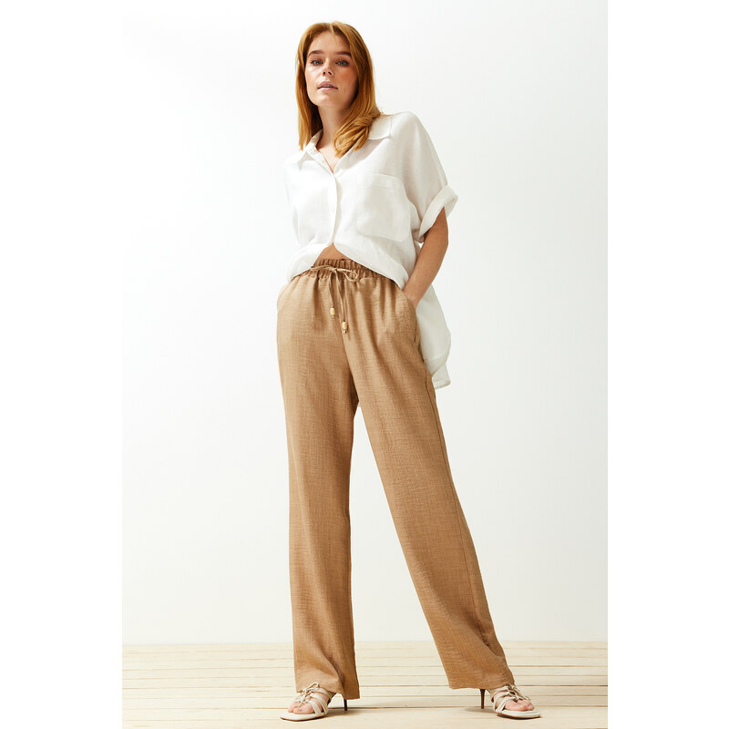 Trendyol Camel Straight/Straight Cut Elastic Waist Lace-up Linen Look Trousers
