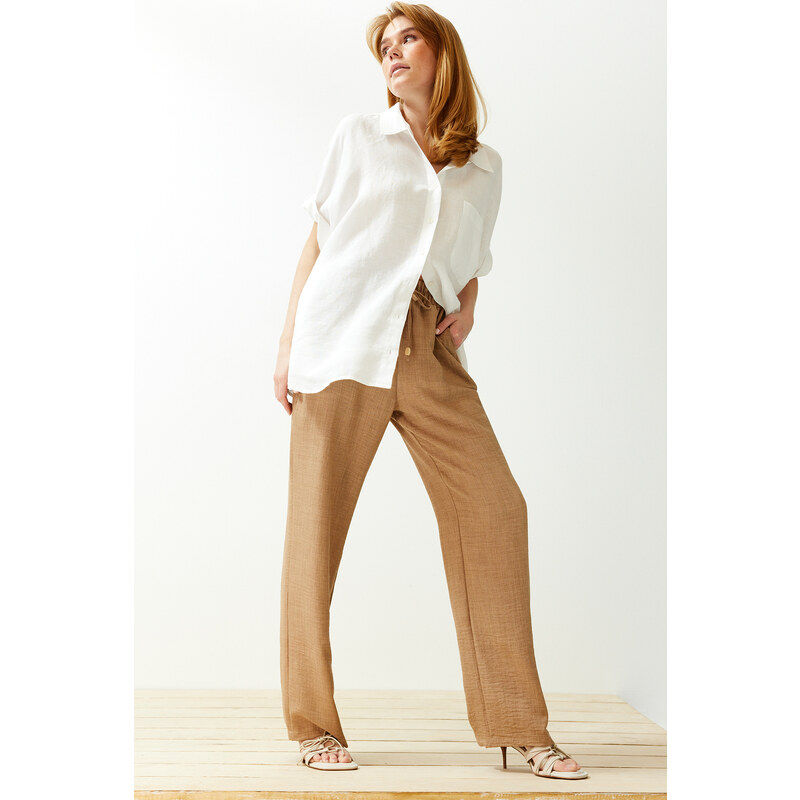 Trendyol Camel Straight/Straight Cut Elastic Waist Lace-up Linen Look Trousers