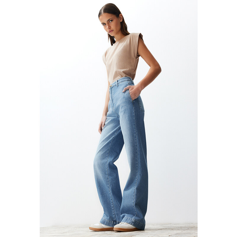 Trendyol Blue Pocket Detailed High Waist Wide Leg Jeans